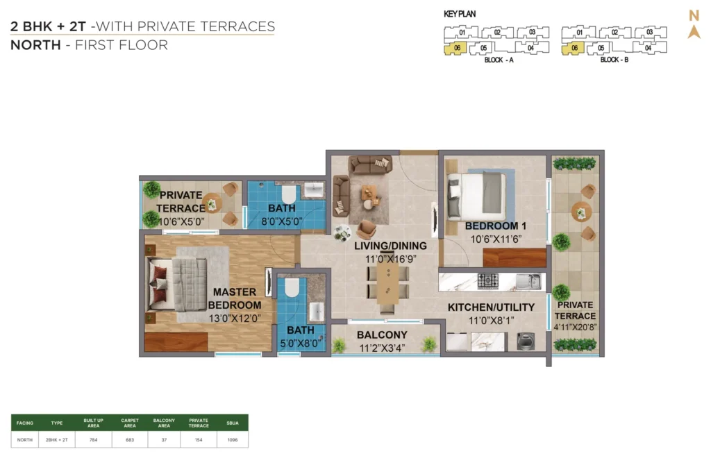 Amberstone Vectra 2 BHK + 2T north first floor private terrace type 1 floor plan