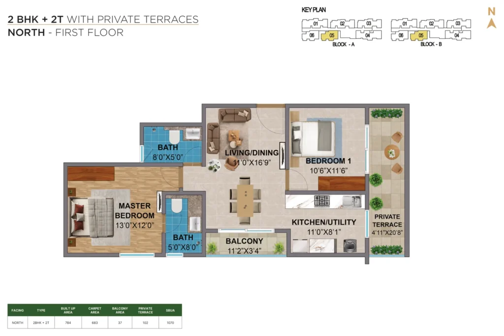 Amberstone Vectra 2 BHK + 2T north first floor private terrace type 2 floor plan