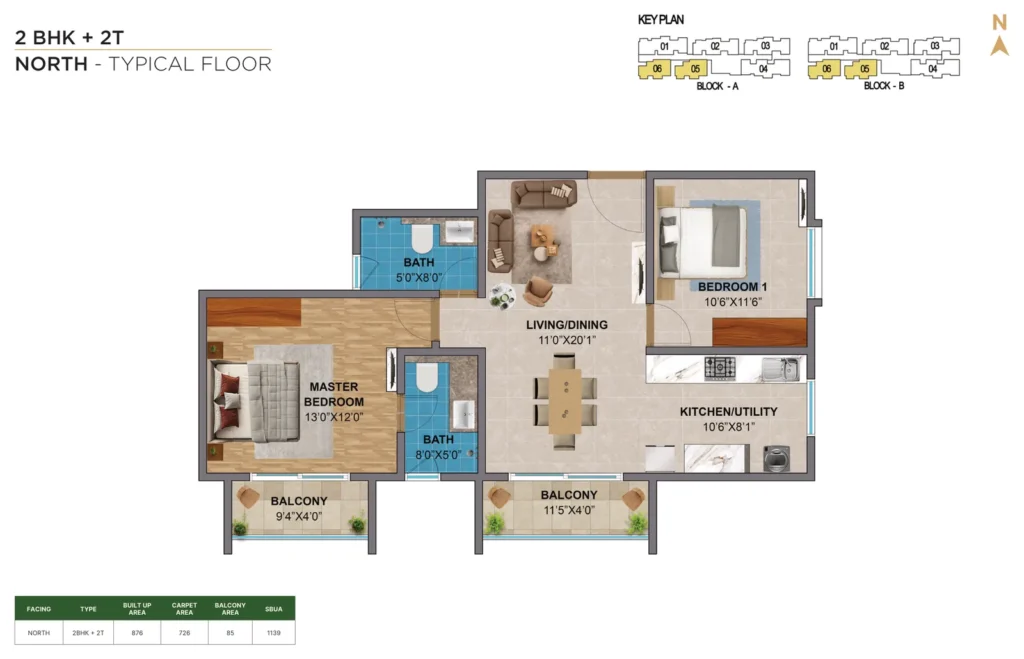 Amberstone Vectra 2 BHK + 2T north typical floor floor plan