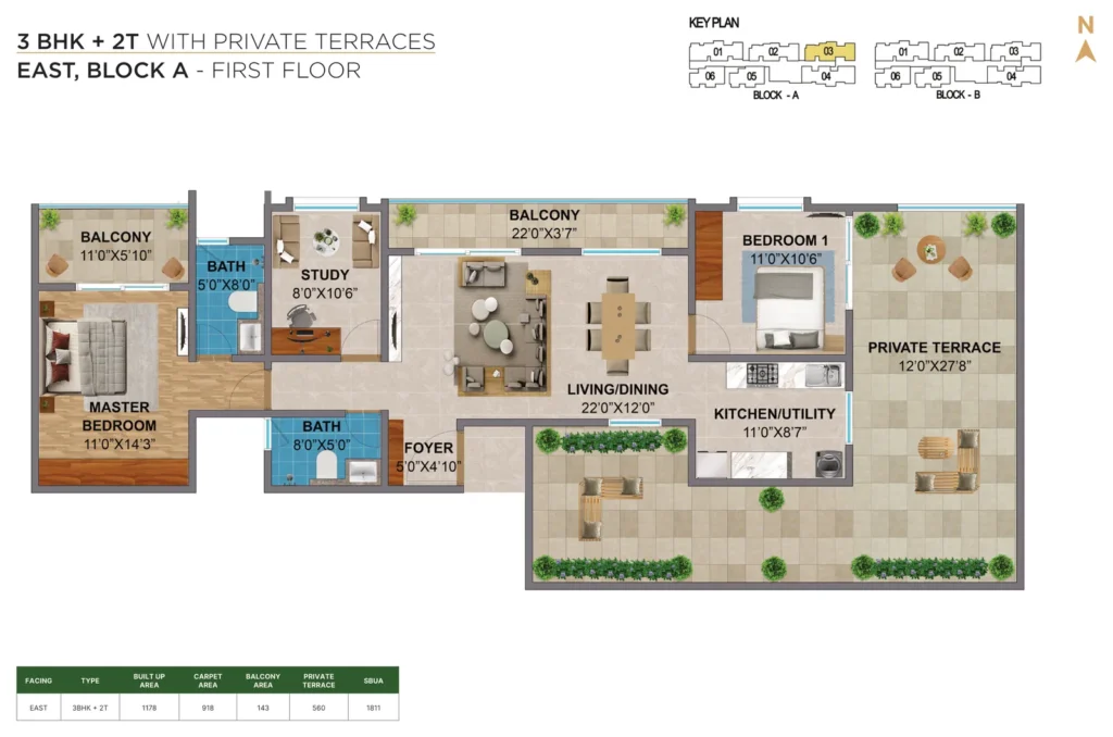 Amberstone Vectra 3 BHK + 2T east block a first floor private terrace floors plan