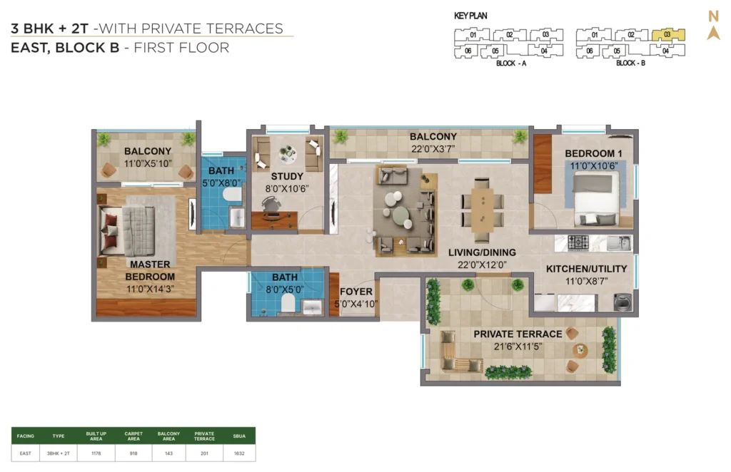 Amberstone Vectra 3 BHK + 2T east block b first floor private terrace floors plan