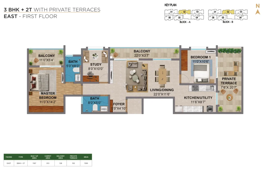 Amberstone Vectra 3 BHK + 2T east first floor private terrace floors plan