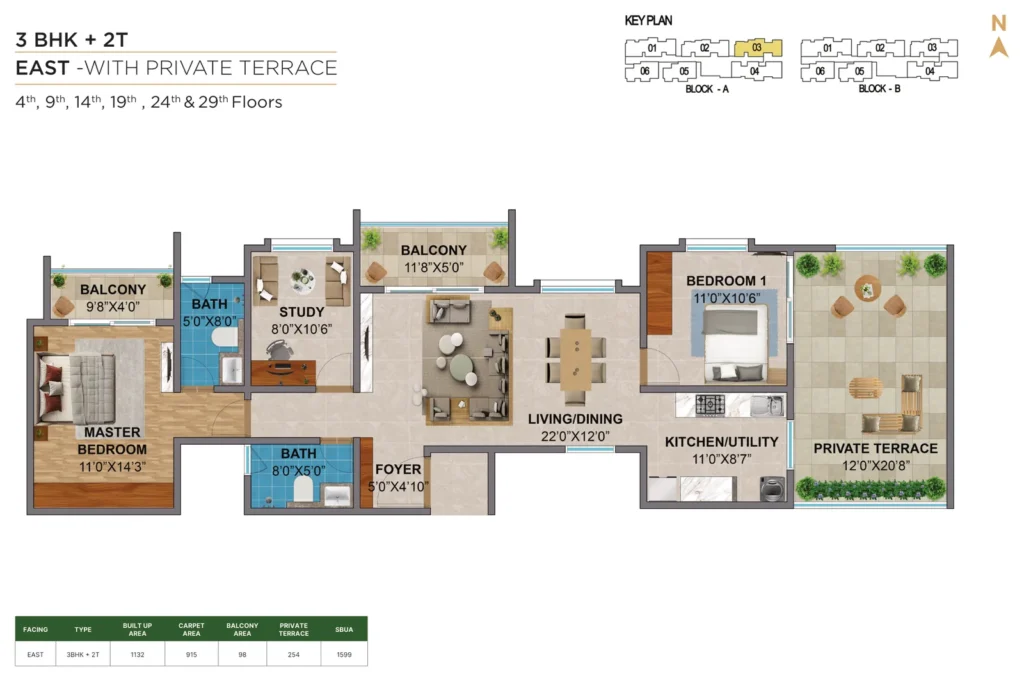 Amberstone Vectra 3 BHK + 2T east private terrace floors floor plan