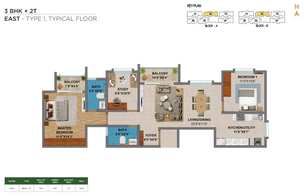 Amberstone Vectra 3 BHK + 2T east type 1 typical floor floor plan