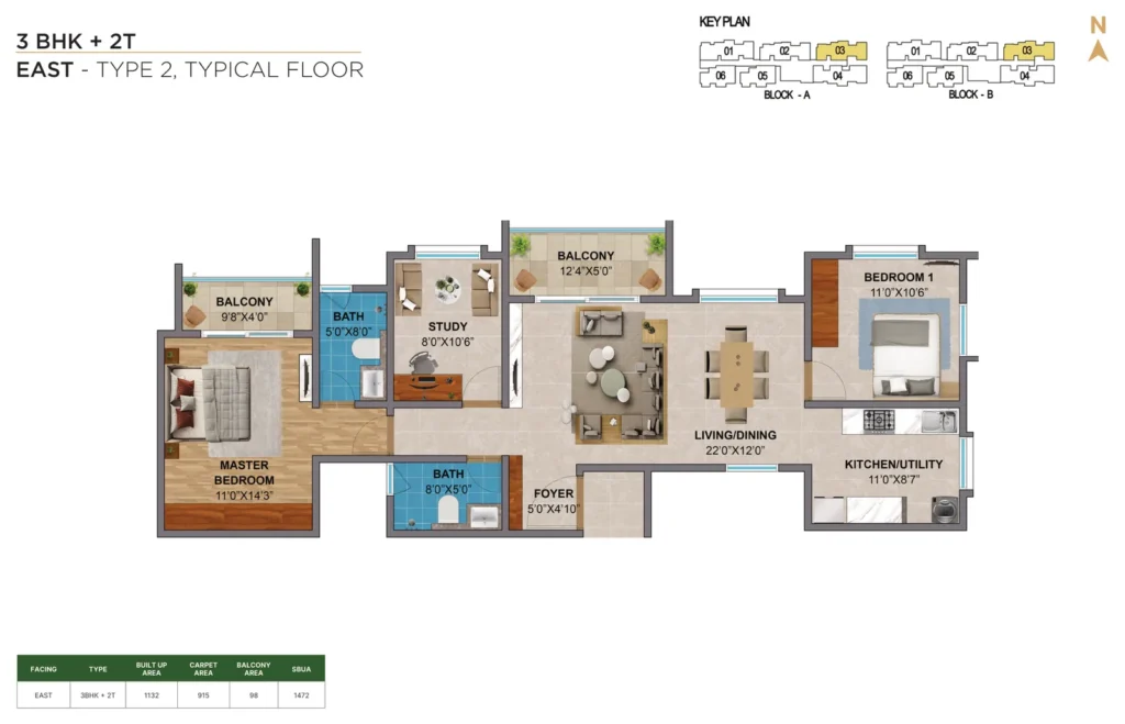 Amberstone Vectra 3 BHK + 2T east type 2 typical floor floor plan