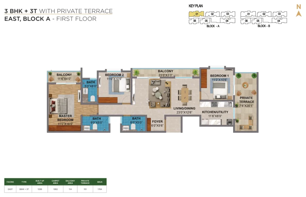 Amberstone Vectra 3 BHK + 3T east block a first floor private terrace floors plan