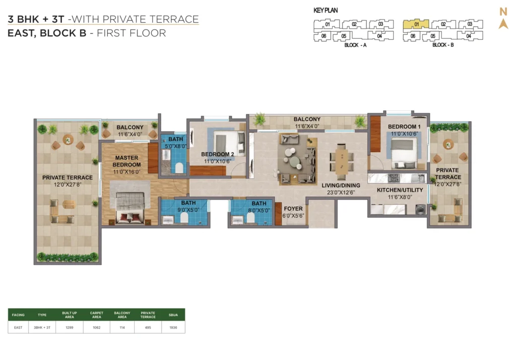 Amberstone Vectra 3 BHK + 3T east block b first floor private terrace floors plan