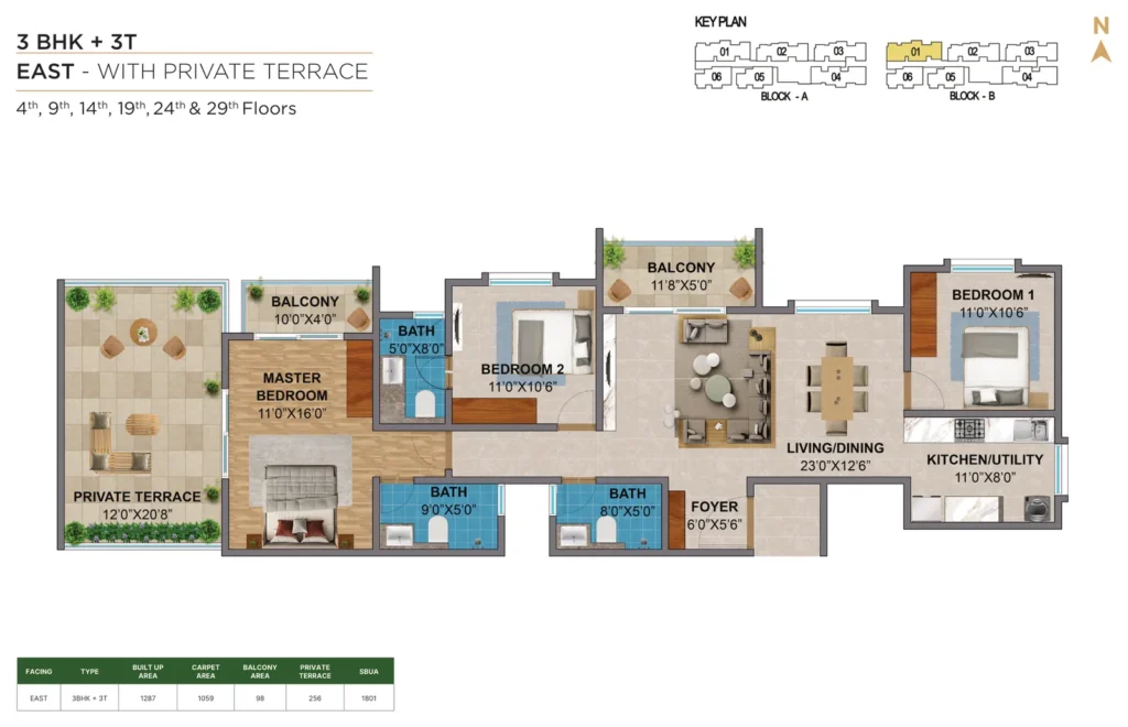 Amberstone Vectra 3 BHK + 3T east private terrace floors floor plan
