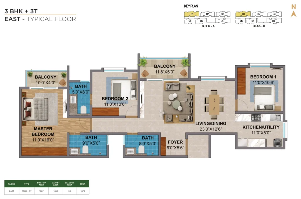 Amberstone Vectra 3 BHK + 3T east typical floor floor plan