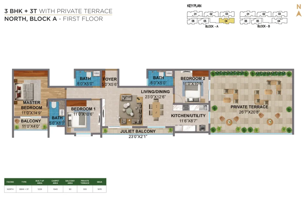 Amberstone Vectra 3 BHK + 3T north block a first floor private terrace floors plan