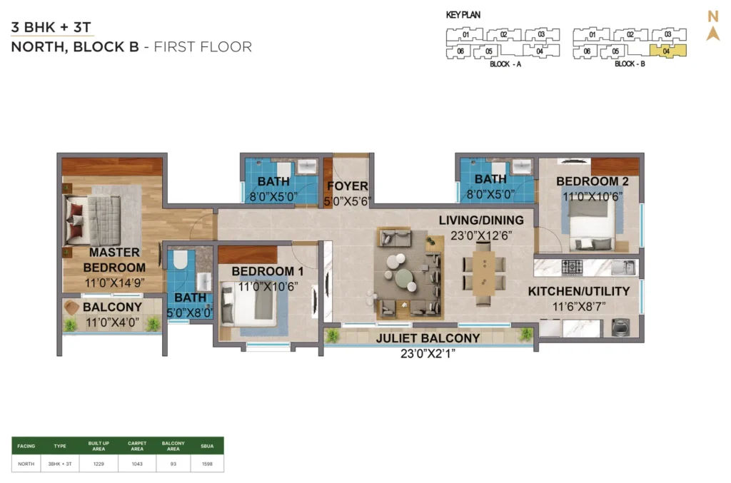 Amberstone Vectra 3 BHK + 3T north block b first floor floor plan