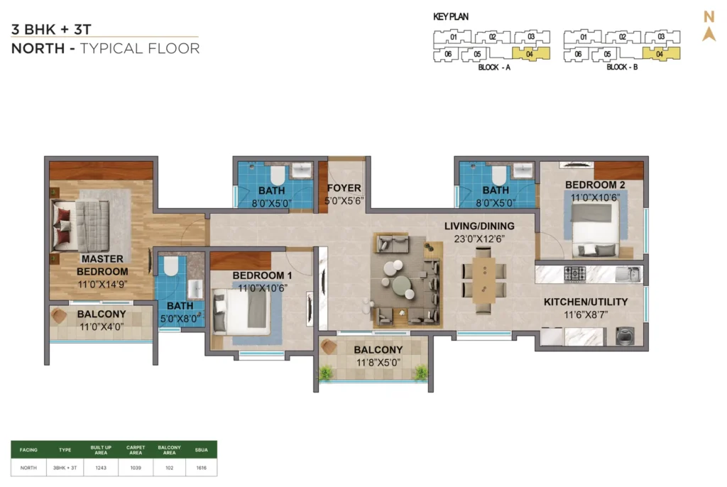 Amberstone Vectra 3 BHK + 3T north typical floor floor plan